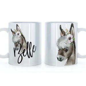 Personalised Mug with Stylish Text and White Flower Donkey