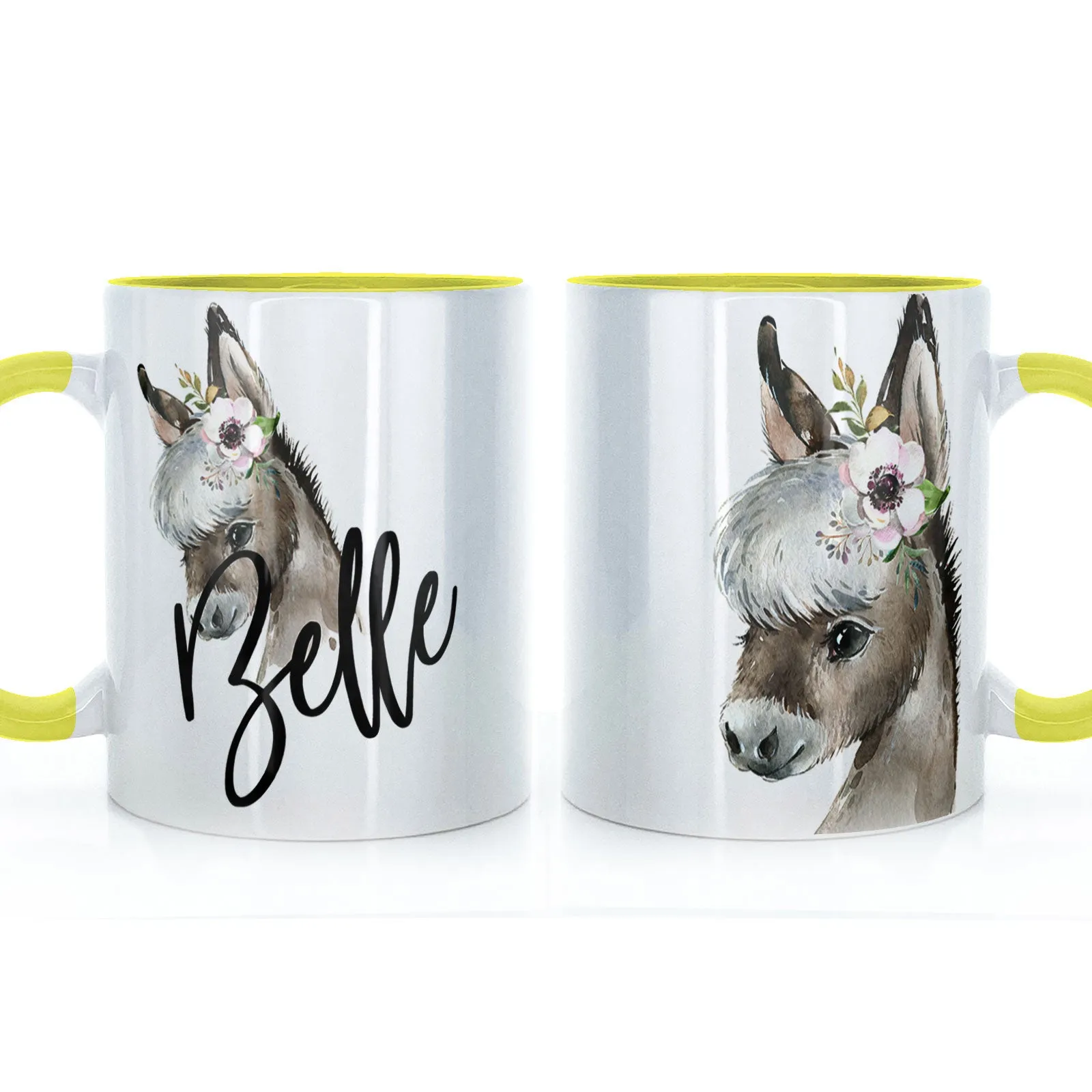 Personalised Mug with Stylish Text and White Flower Donkey